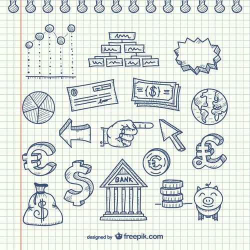 sketch of paper dollar nots, symbols and banks